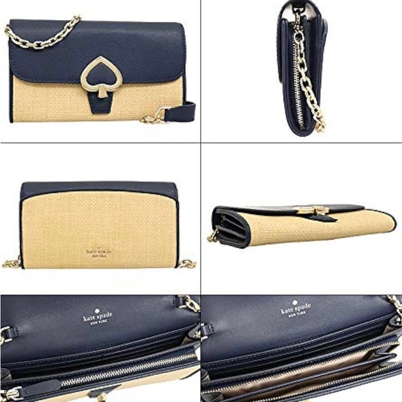 NEW* Kate Spade Robyn Straw HandBag Nightcap Flap Chain Wallet Clutch Navy Logo - Picture 15 of 15